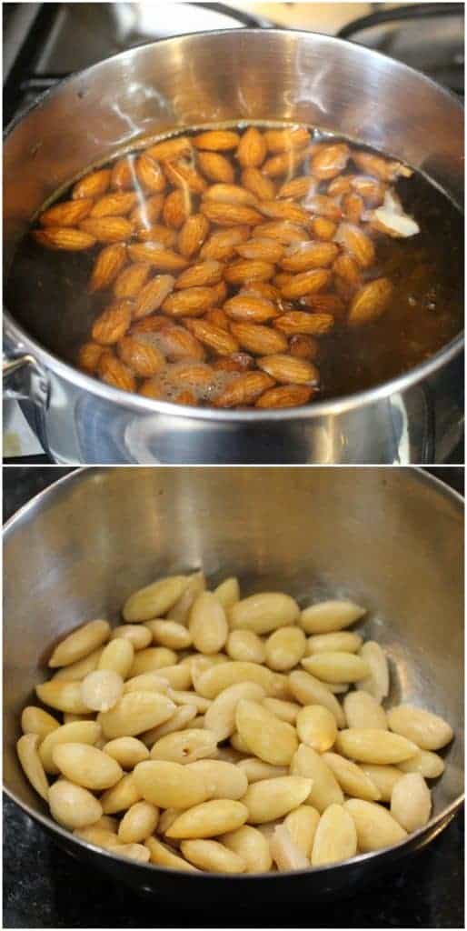 Almonds soaking and peeled almonds