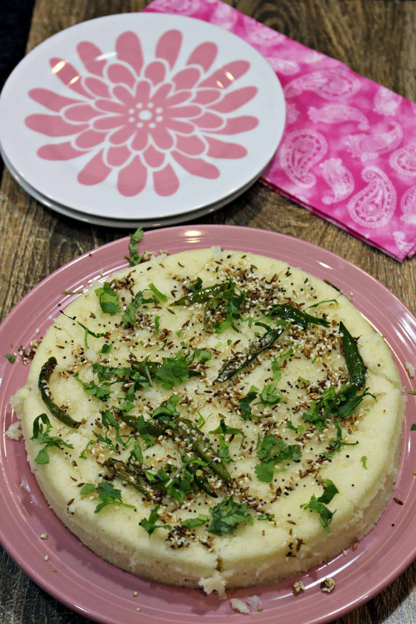 Instant Dhokla In a Dish with green chilly