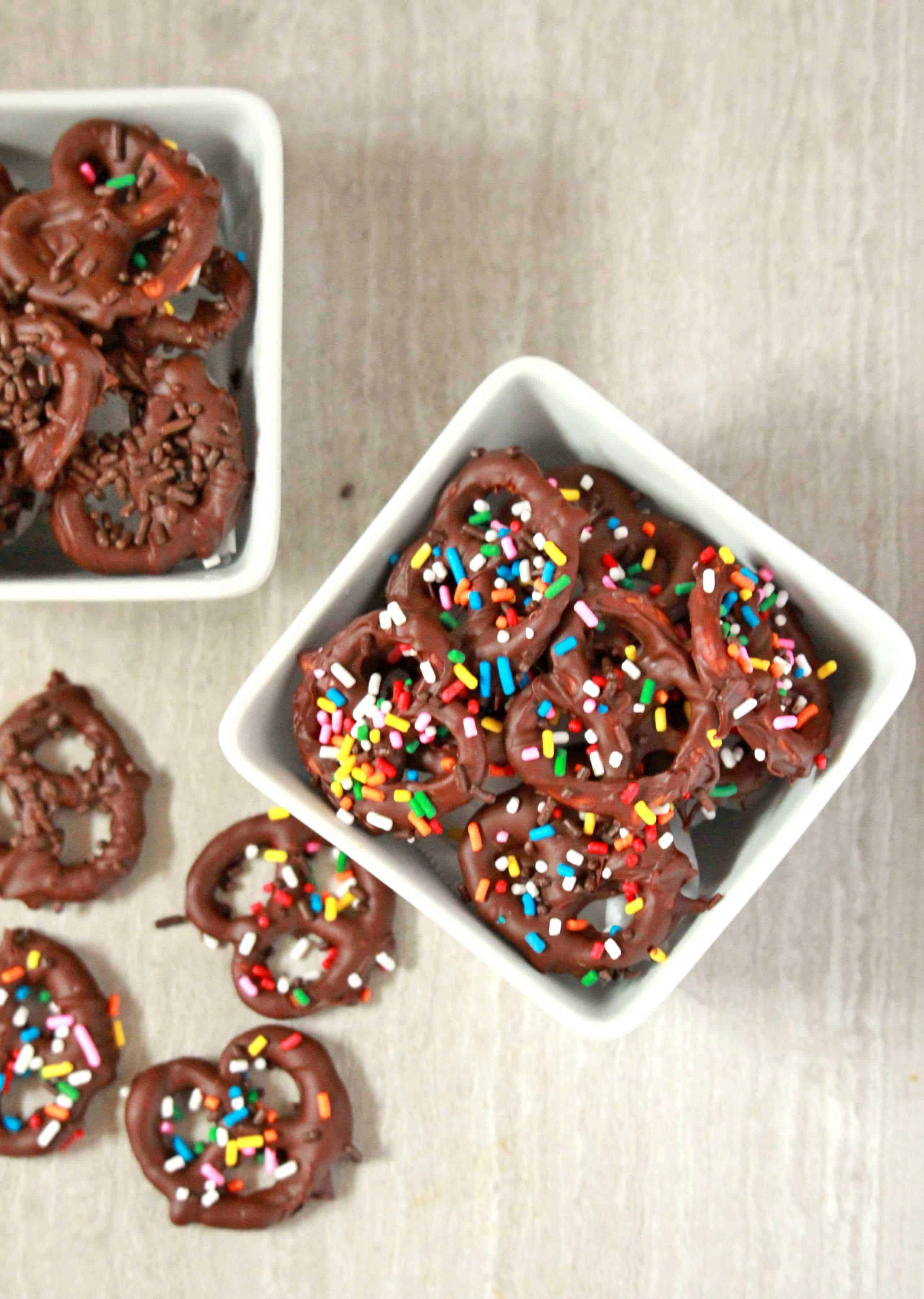 Chocolate Covered Pretzels with sprinkles