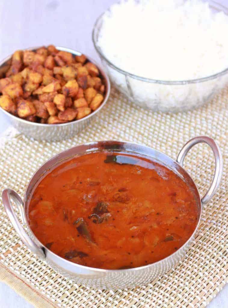 Vengaya Vathal Kuzhambu with rice and raw banana curry