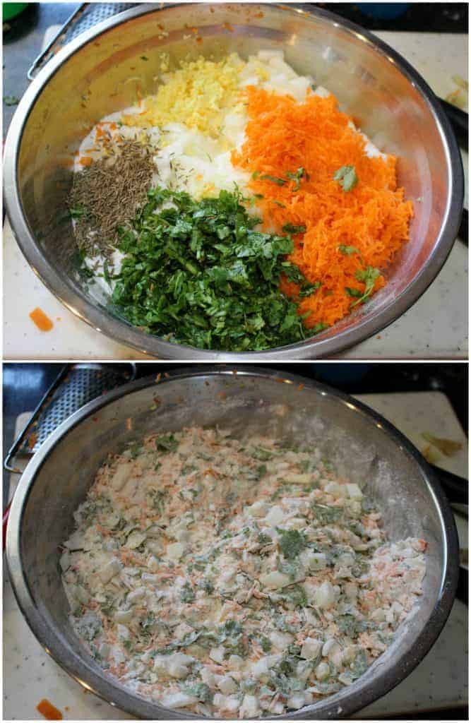 Adding vegetables in rice flour to make dough