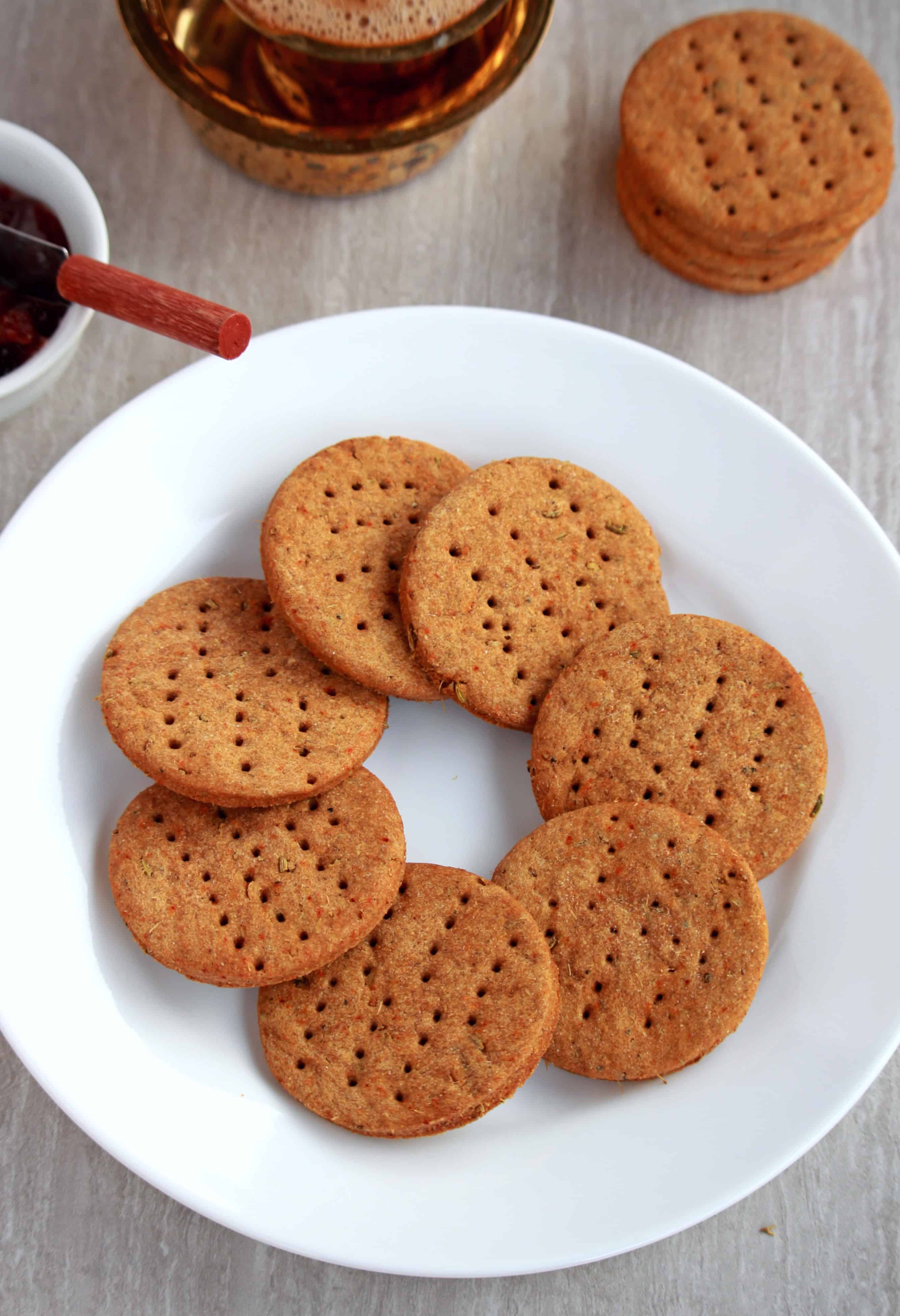 Baked Barley Crackers with coffee and spread