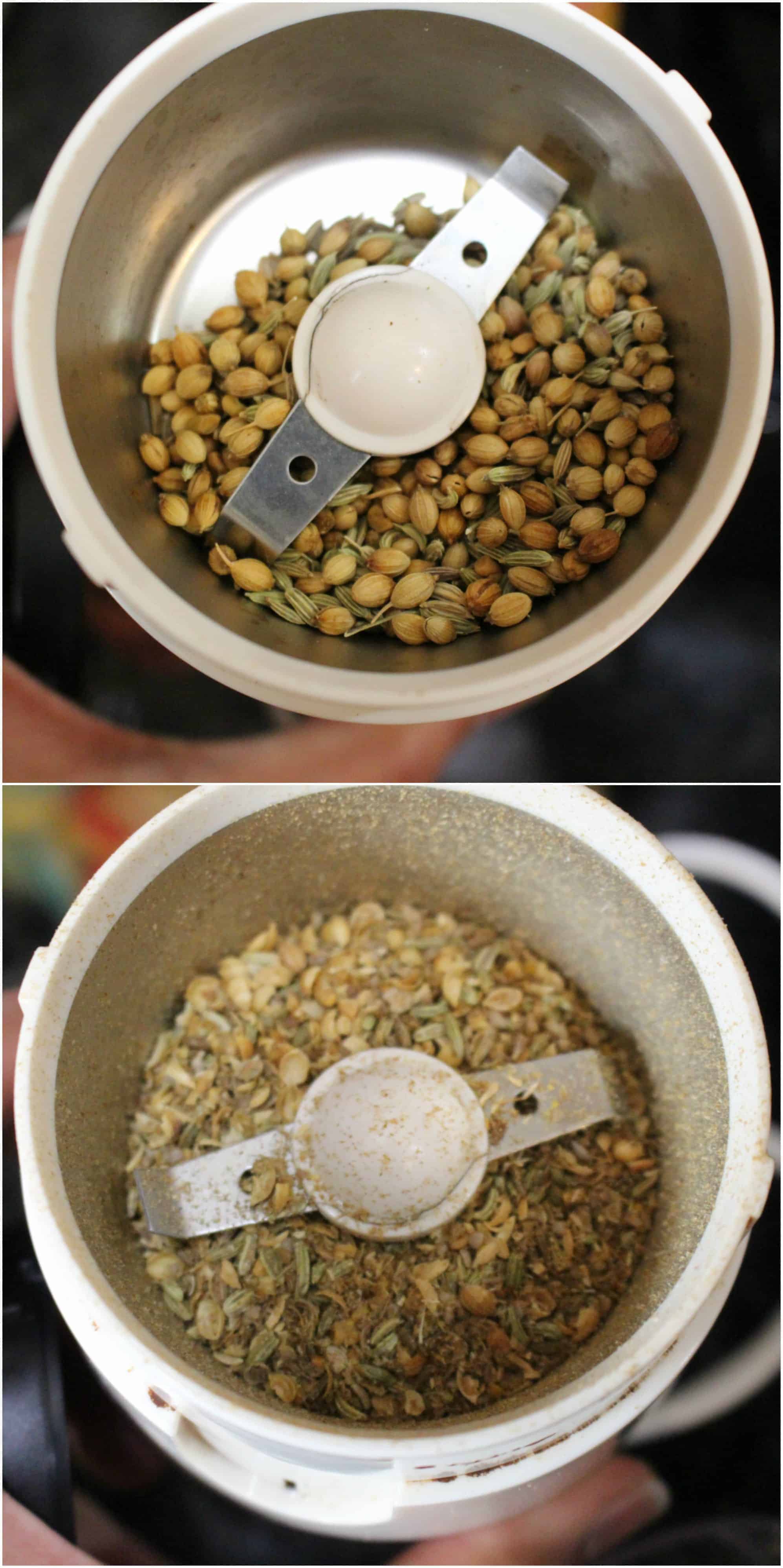 Grinding coriander seeds