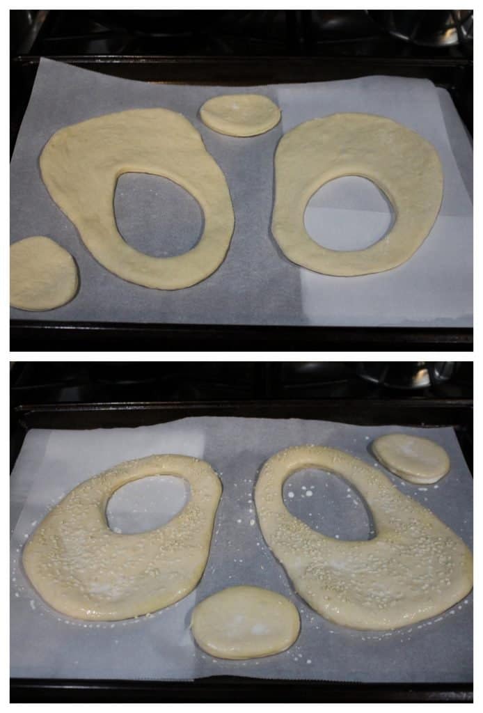Sprinkling shaped dough with sesame seeds