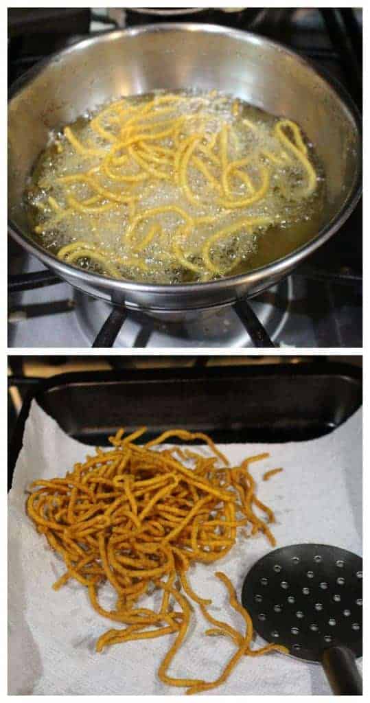 frying the sev in oil and draining it.