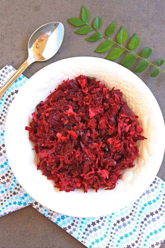Beetroot Poriyal with Onion in a white bowl