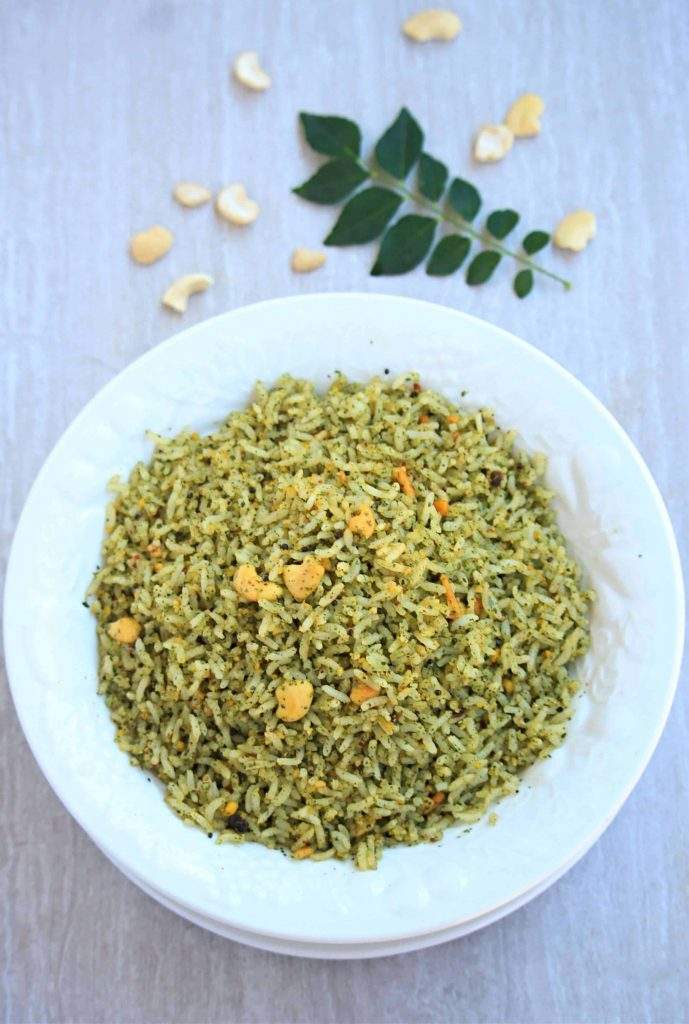 curry leaves rice in a white bowl