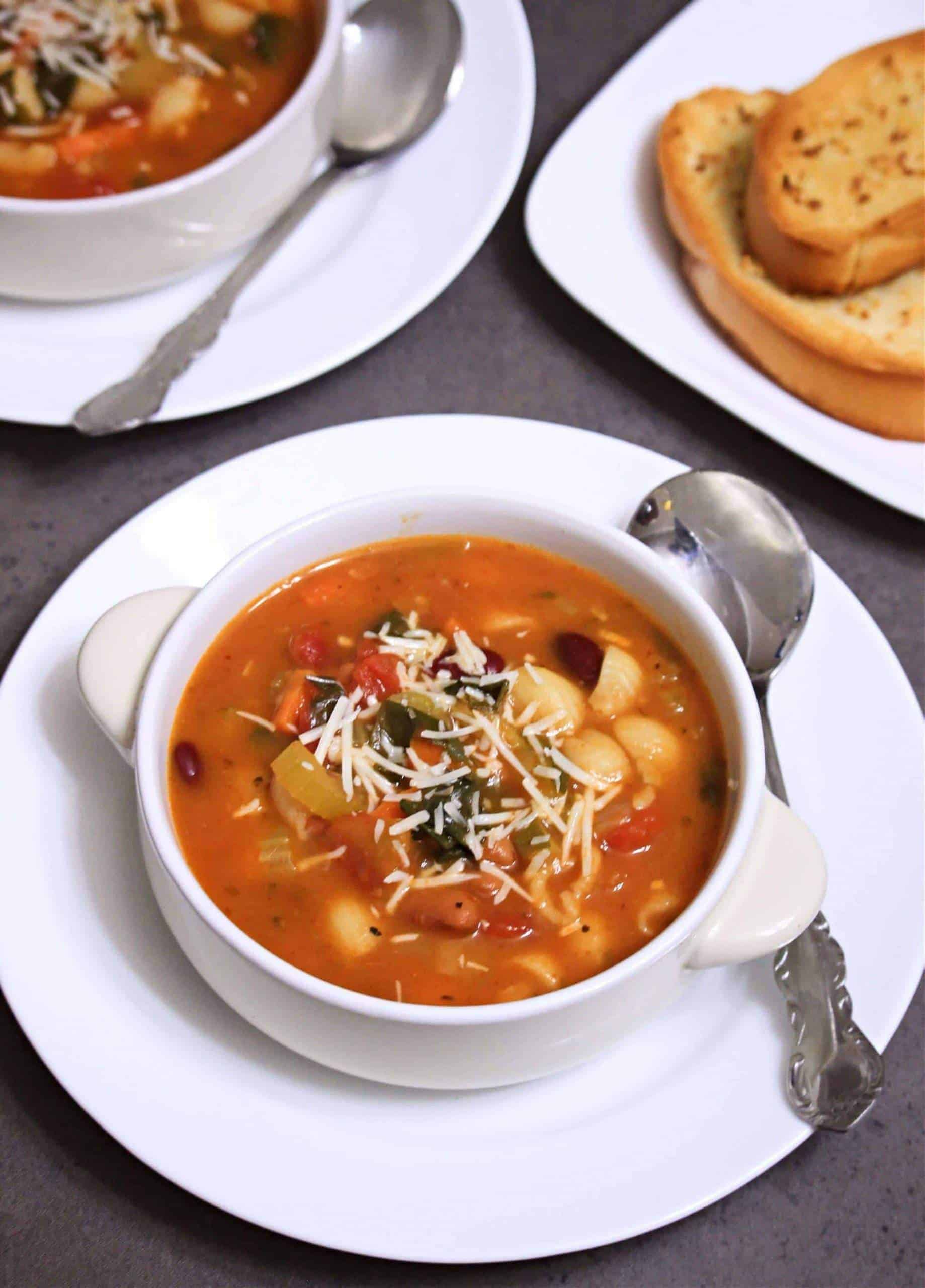 Instant Pot Vegetarian Minestrone Soup in a white bowl