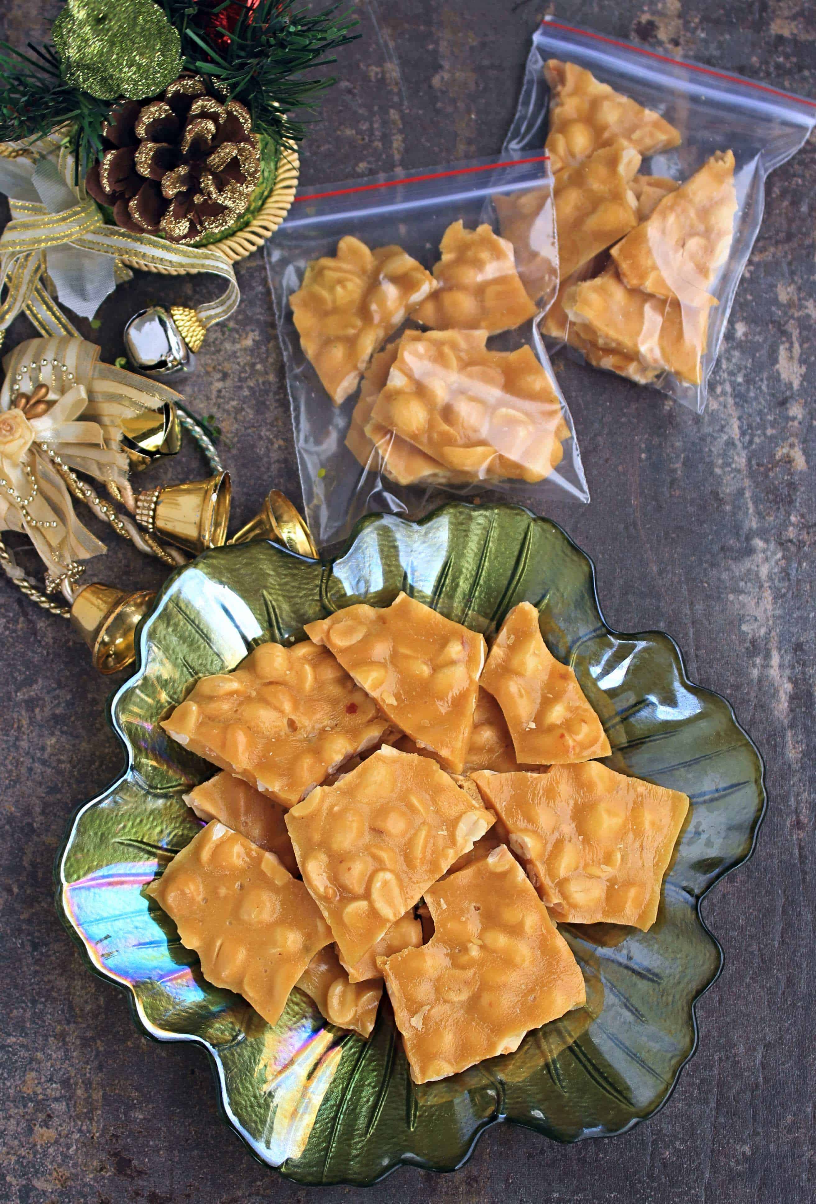 Old Fashioned Peanut Brittle - Some in a plate and some packed in zip lock bags