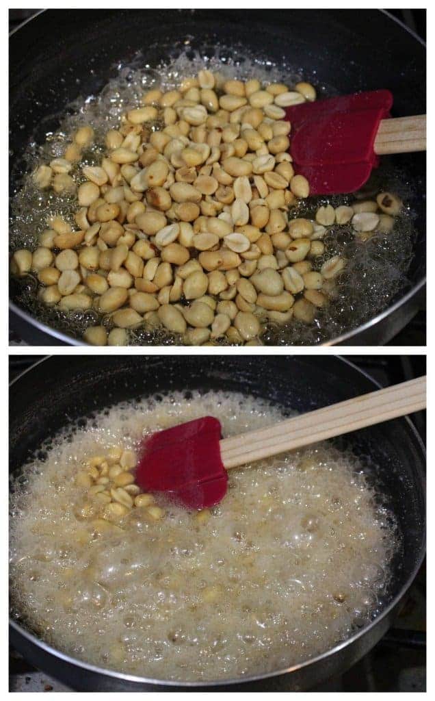 adding peanuts to sugar syrup