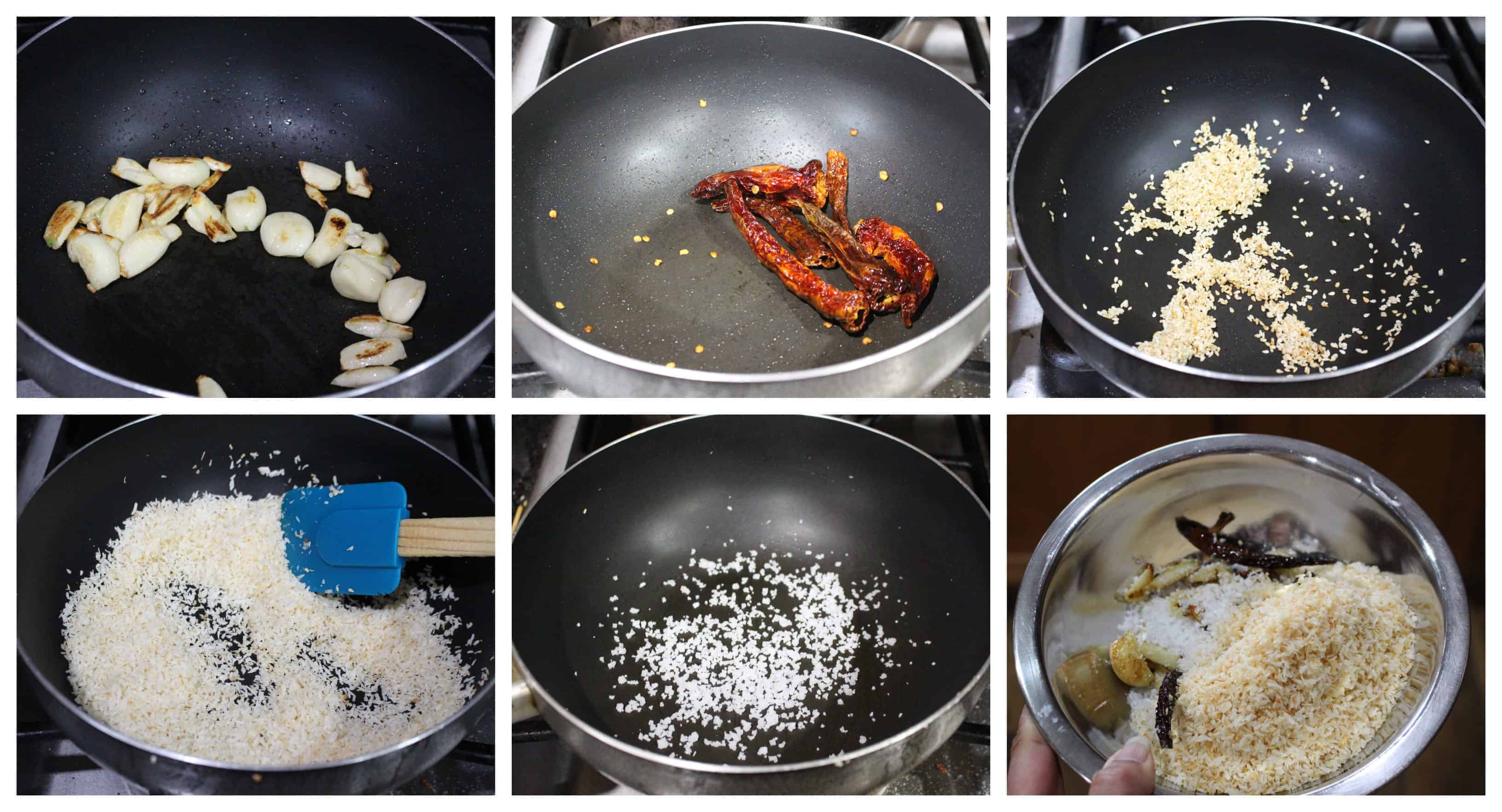 process shot to fry ingredients like red chili, garlic, coconut and sesame