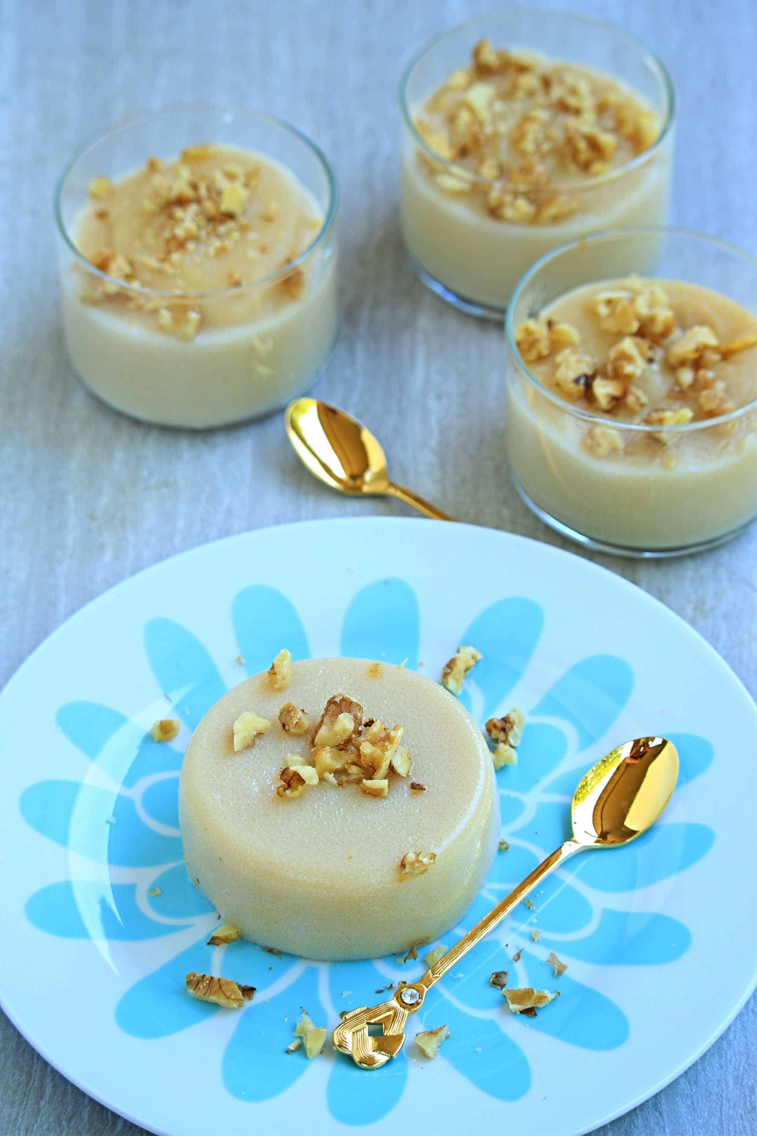 Turkish Semolina Pudding on a plate and in glass bowls