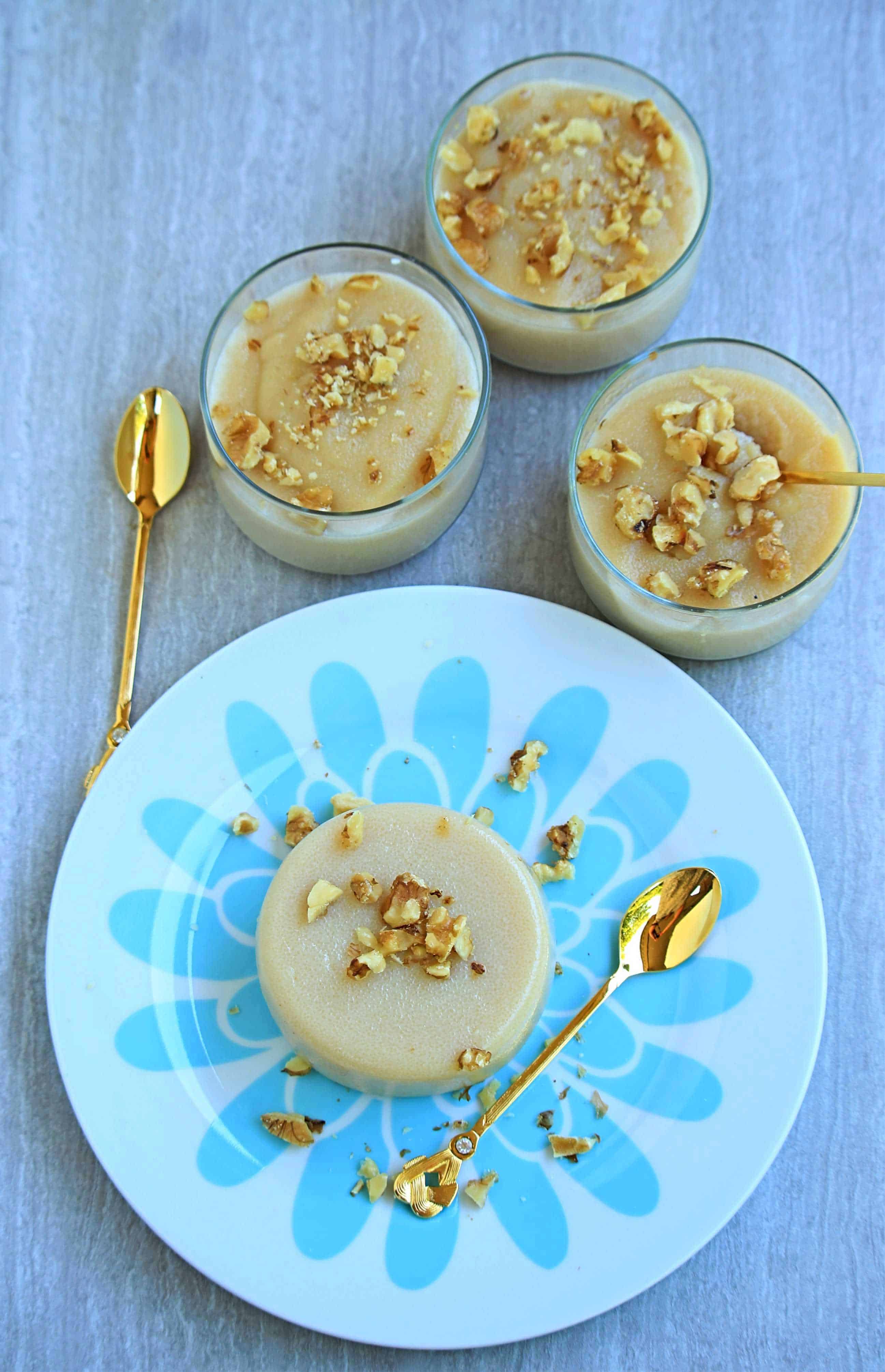 Turkish Semolina Pudding presented in glass bowl and plate