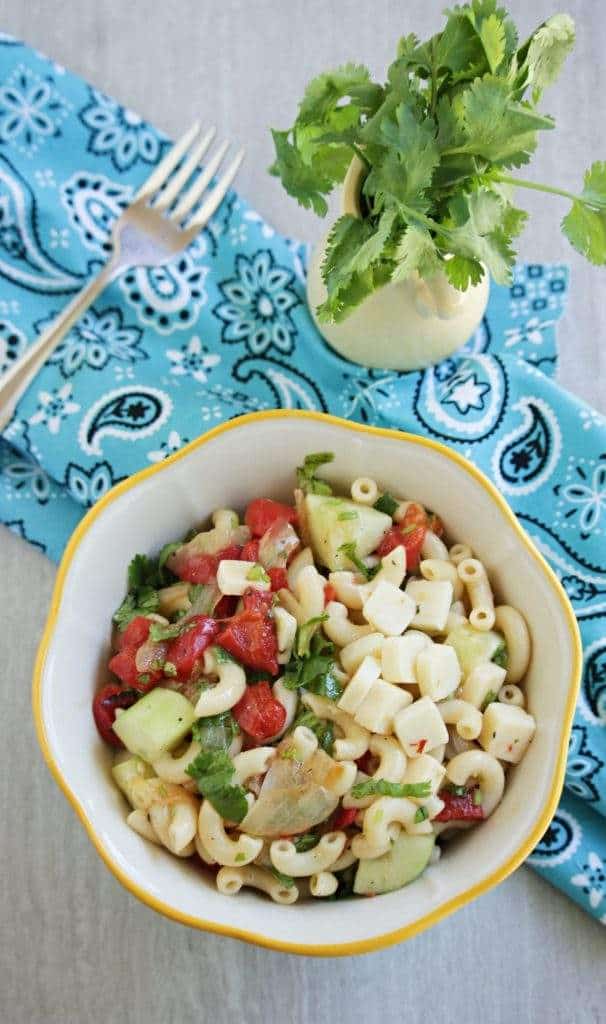 pasta salad with roasted pepper, caramelized onion, cucumber, cilantro and cheese