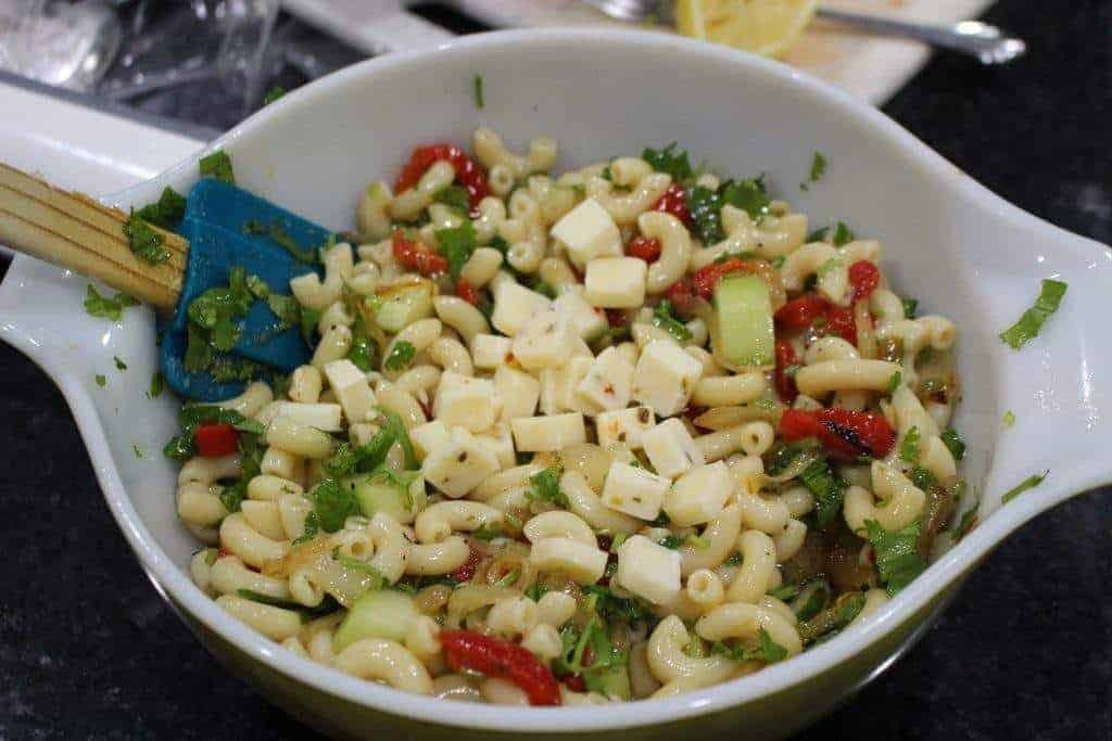 Pasta salad mixed and ready to serve