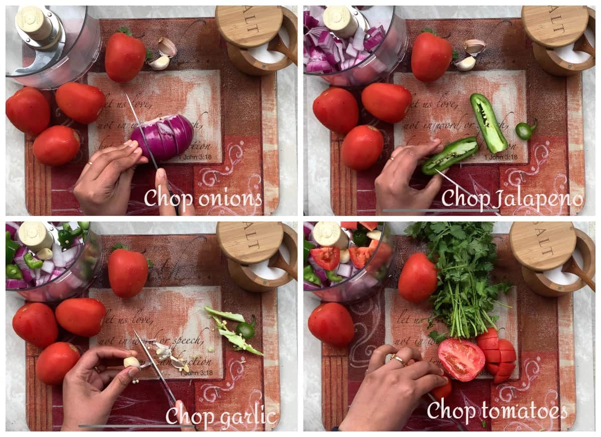 Process shot showing step by step procedure to make salsa