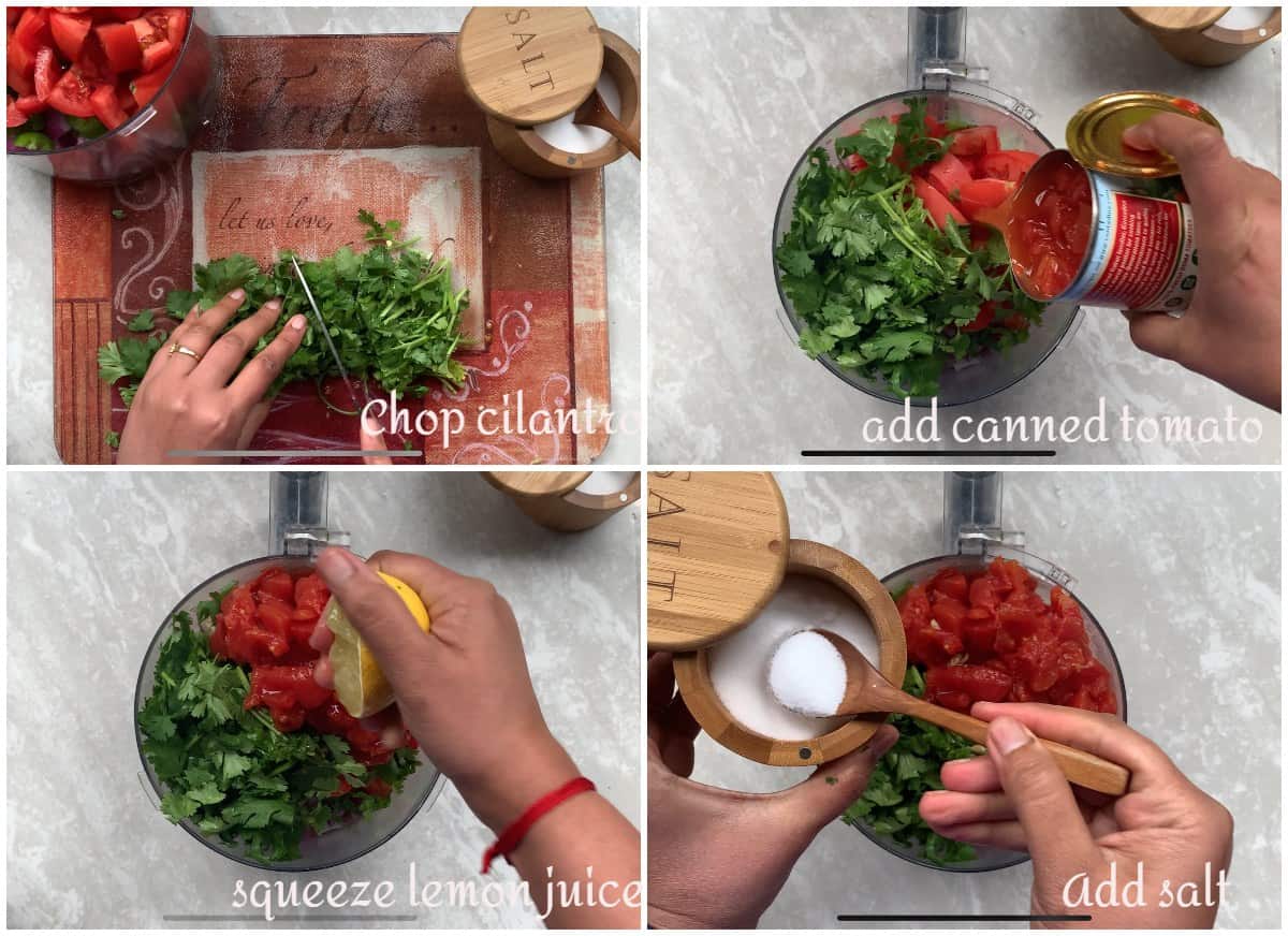 Process shot showing step by step procedure to make salsa