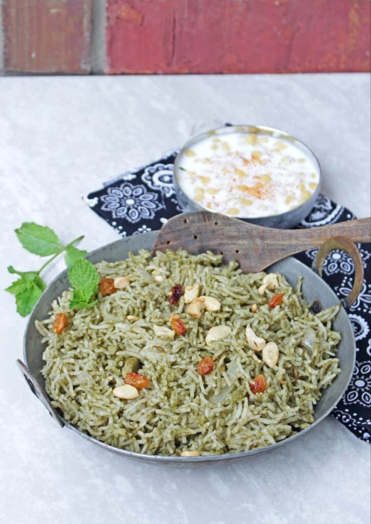 Pudina rice with raita in the background
