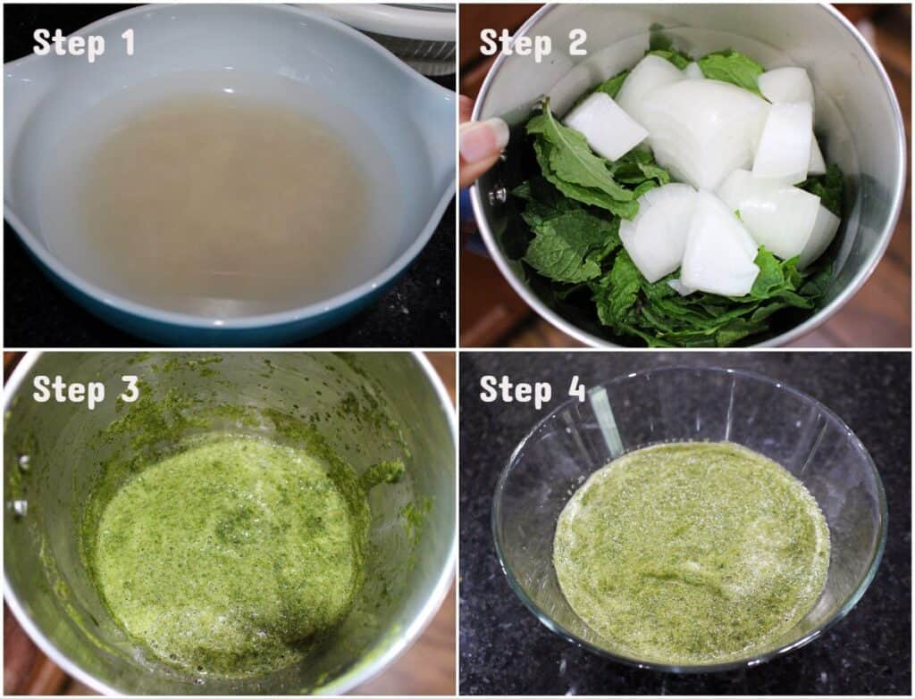 Rice soaked and mint paste process shots