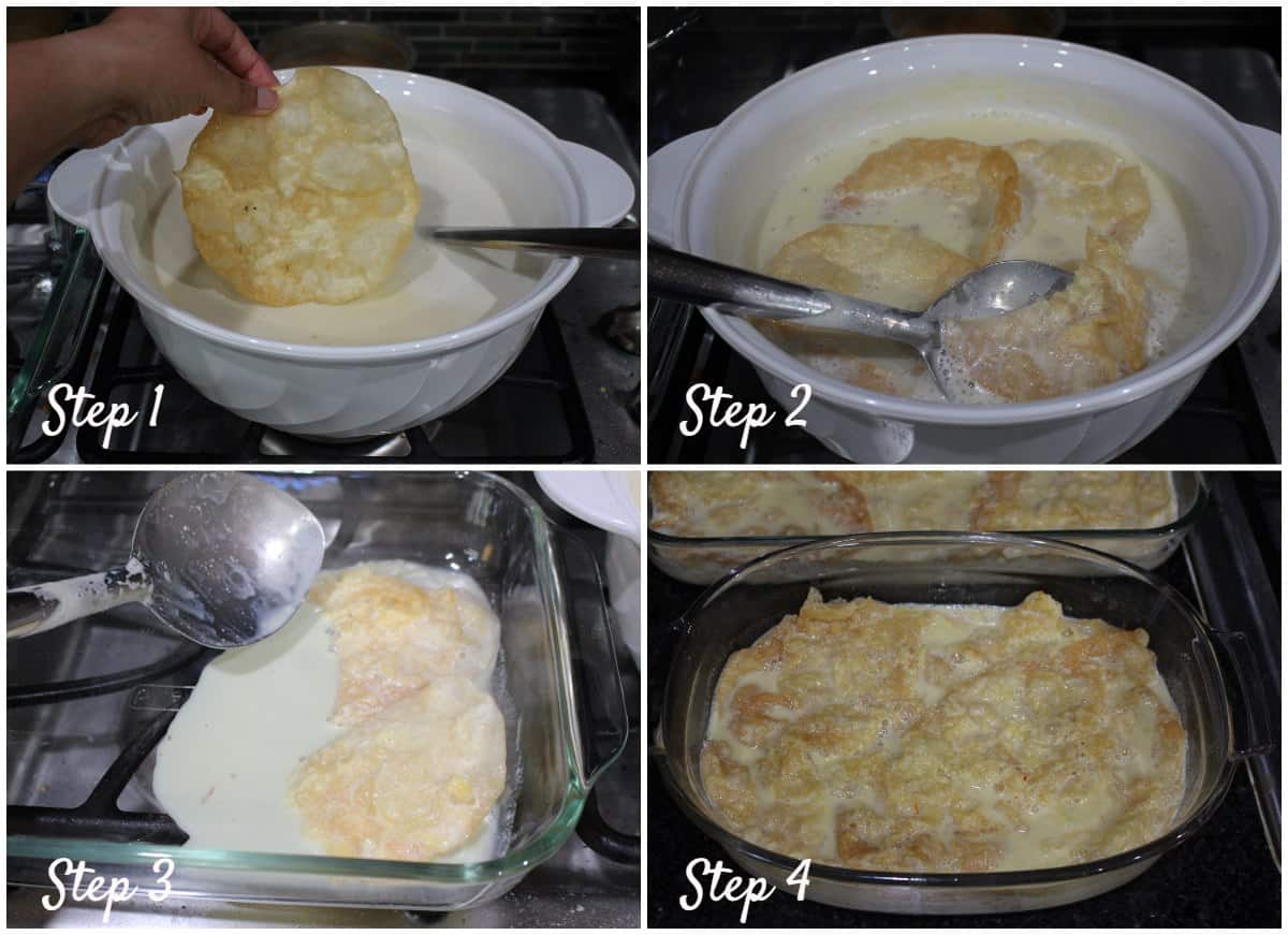 process shots showing how to soak the fried poori in sweet milk