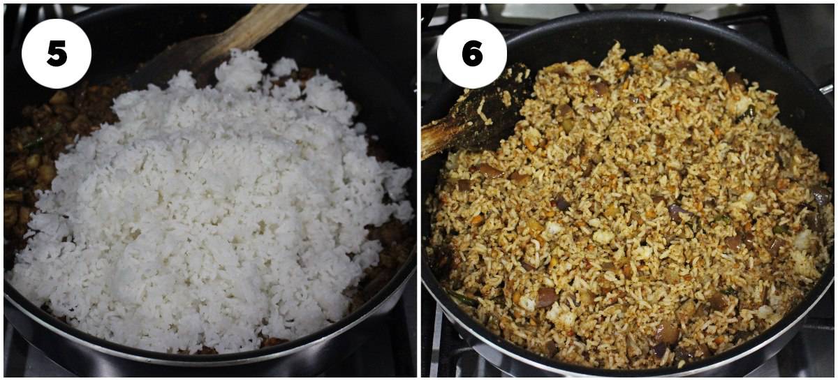 Process shot with rice added to make brinjal rice.