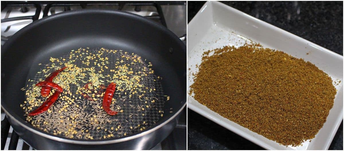 roasting the ingredients for spice powder and ground spice powder