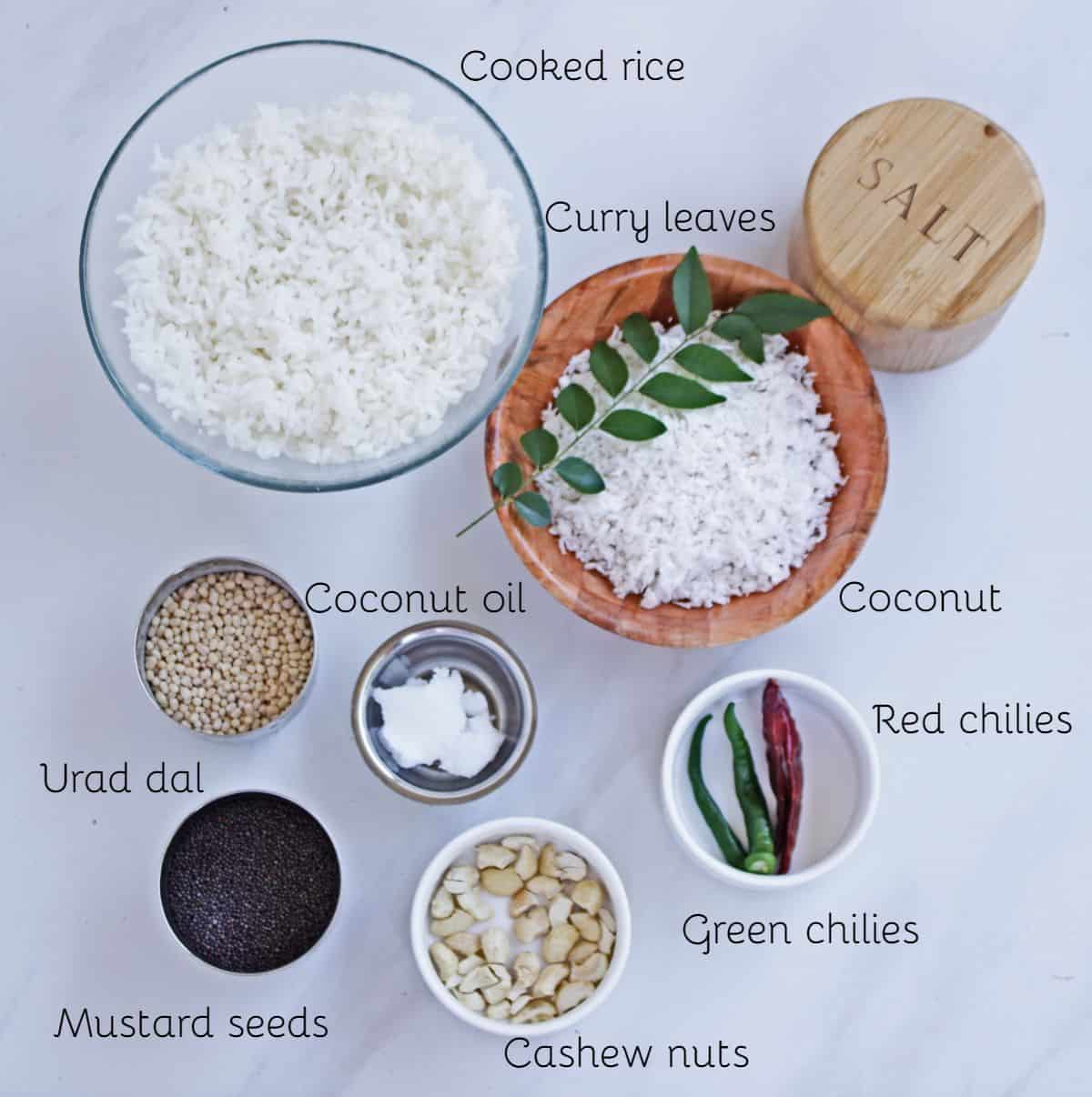 Ingredients labeled and laid out for coconut rice recipe