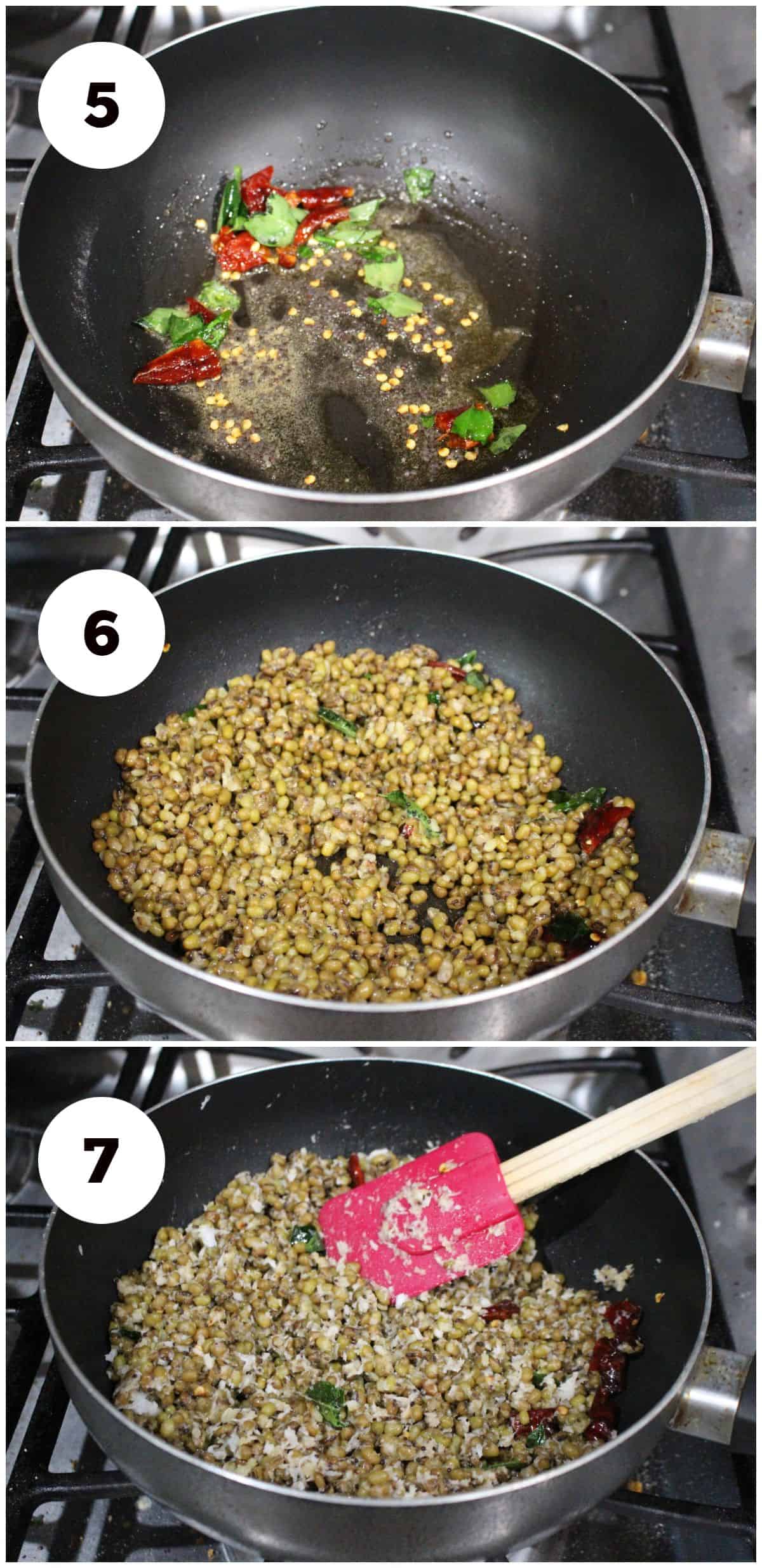 Process shot showing seasoning and cooking the moong bean