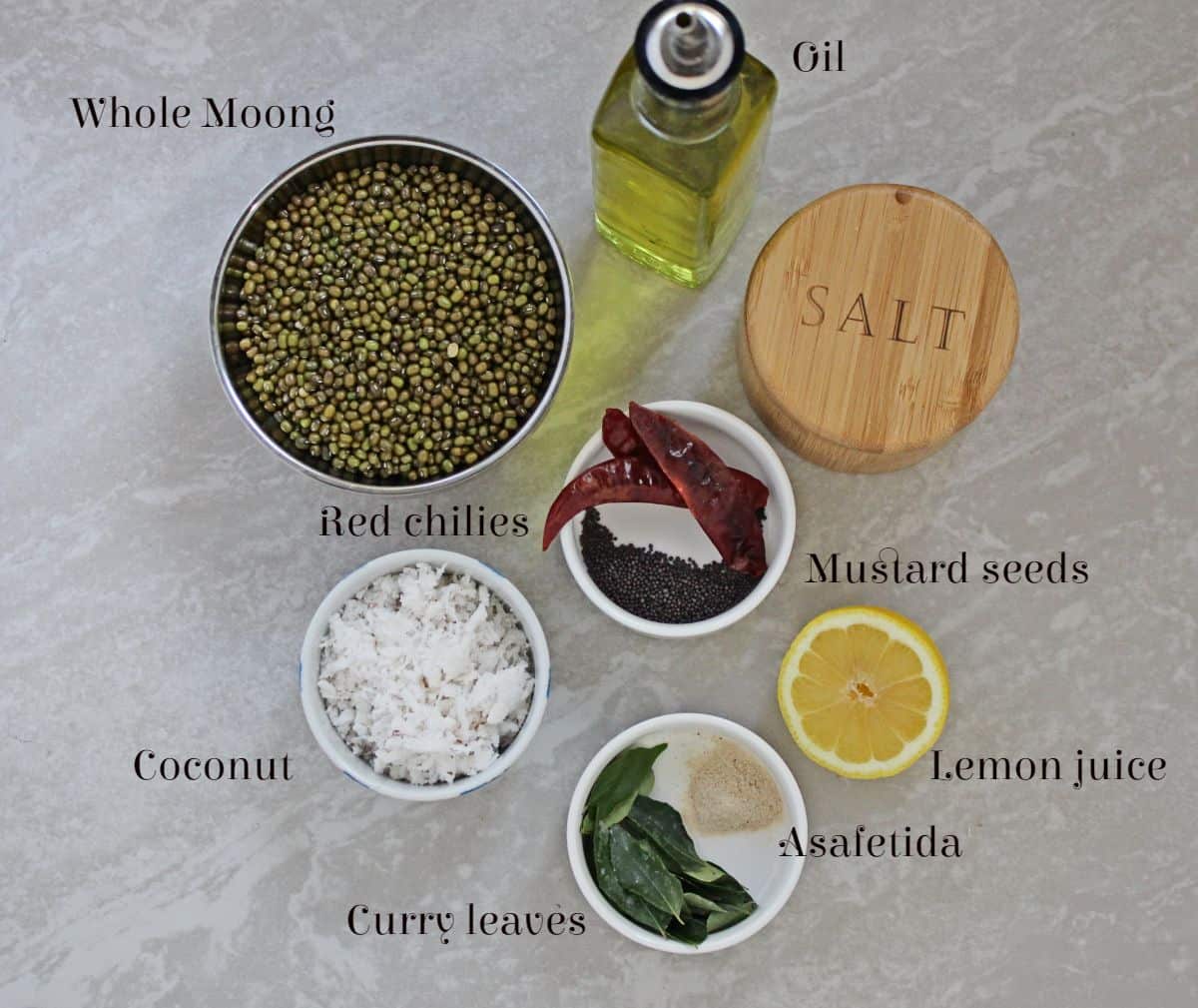 Moong dal sundal ingredients laid out and labeled. 