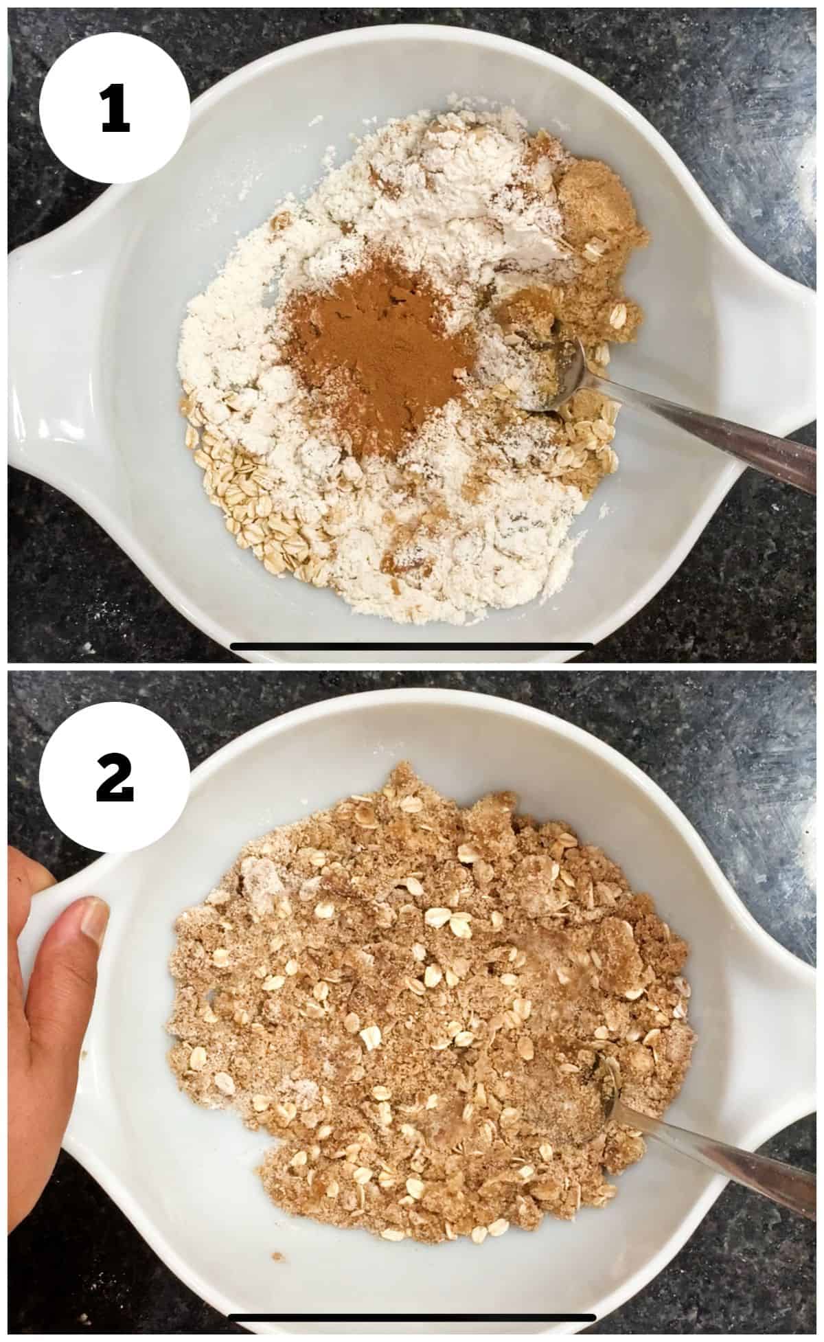 Process shot to make vegan crumb topping for muffin