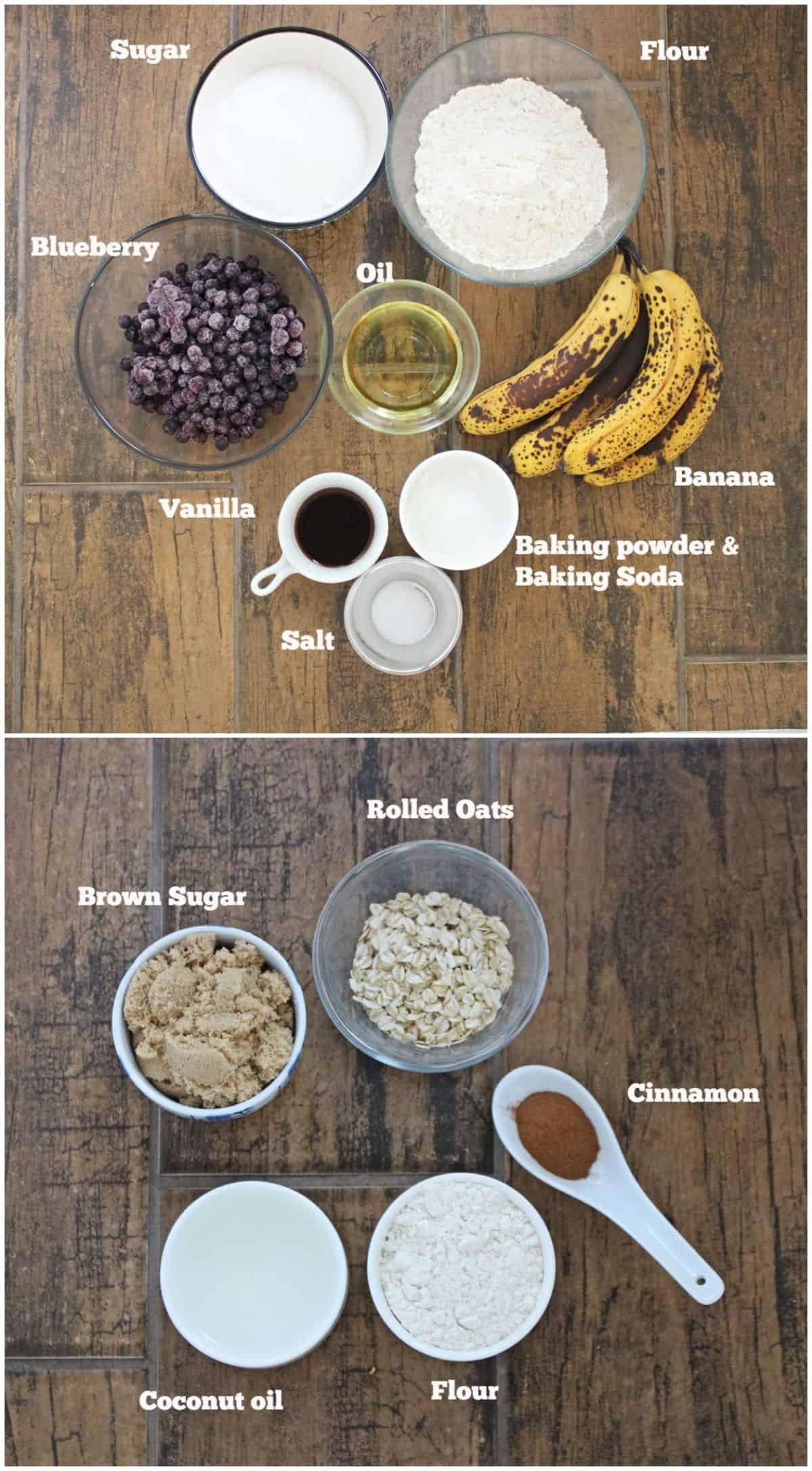ingredients laid out to make Blueberry banana muffin and crumb topping