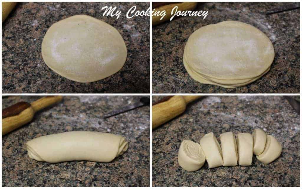 Rolling the dough flat with rolling pin 