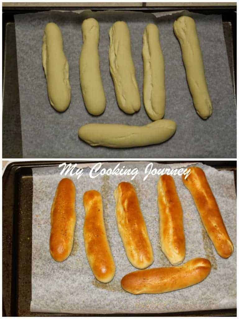 Breadsticks are baked and placed on baking tray