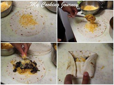 Adding the cheese and beans in tortila and folding it