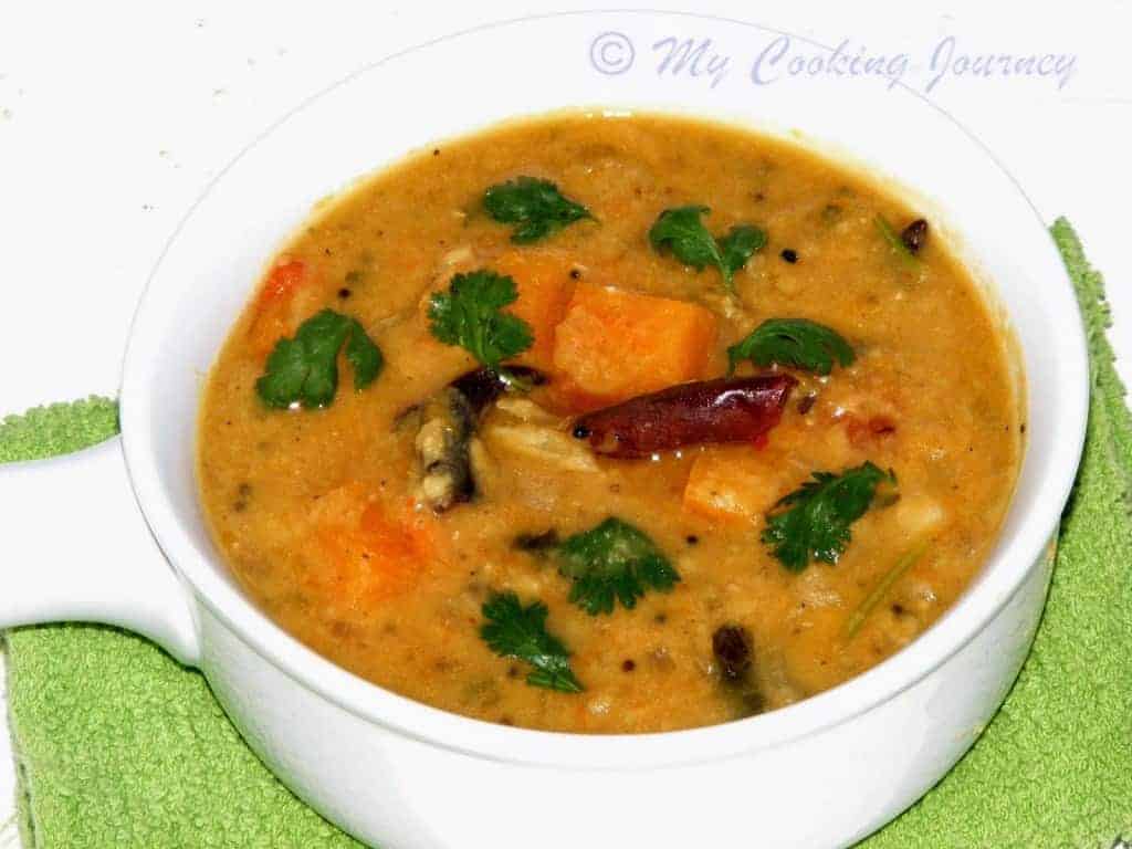 A special Sambhar from Puducherry in a white bowl