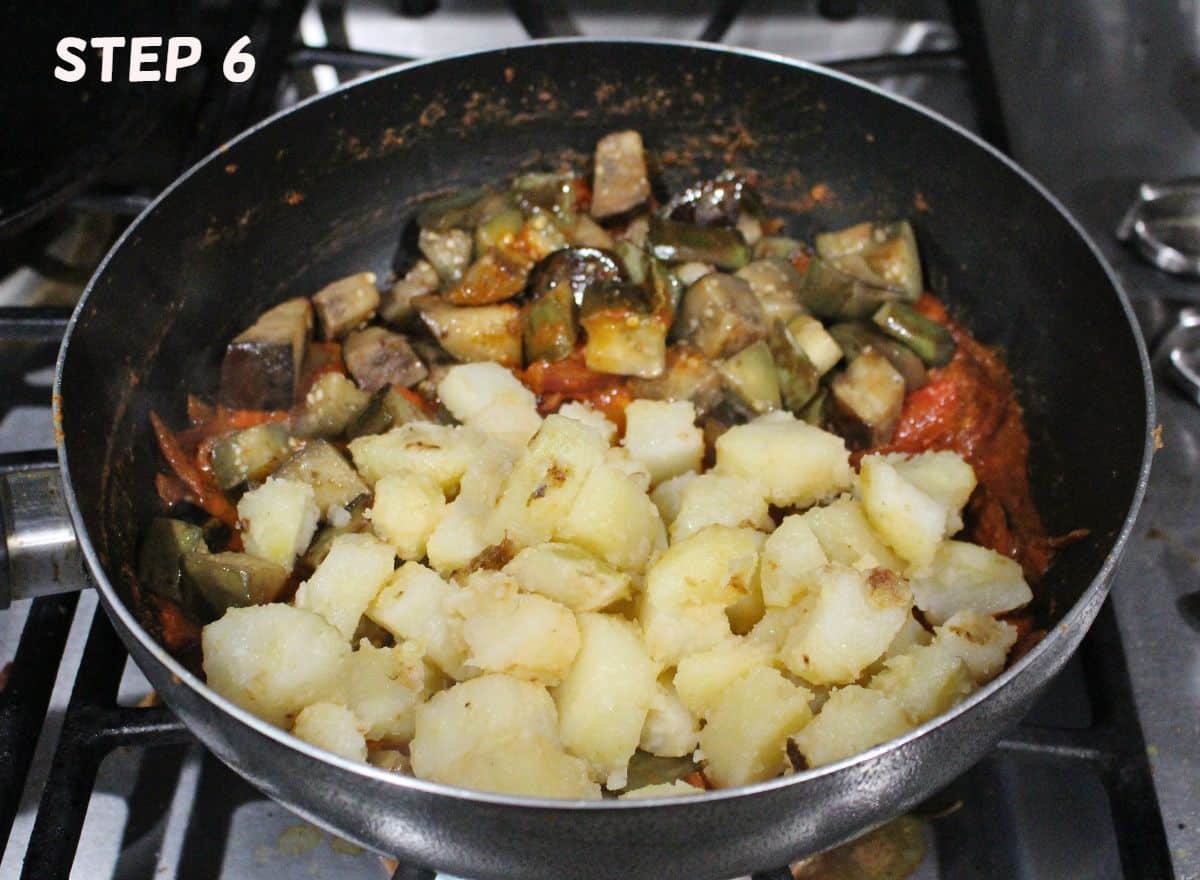 Potatoes and eggplant added to the pan