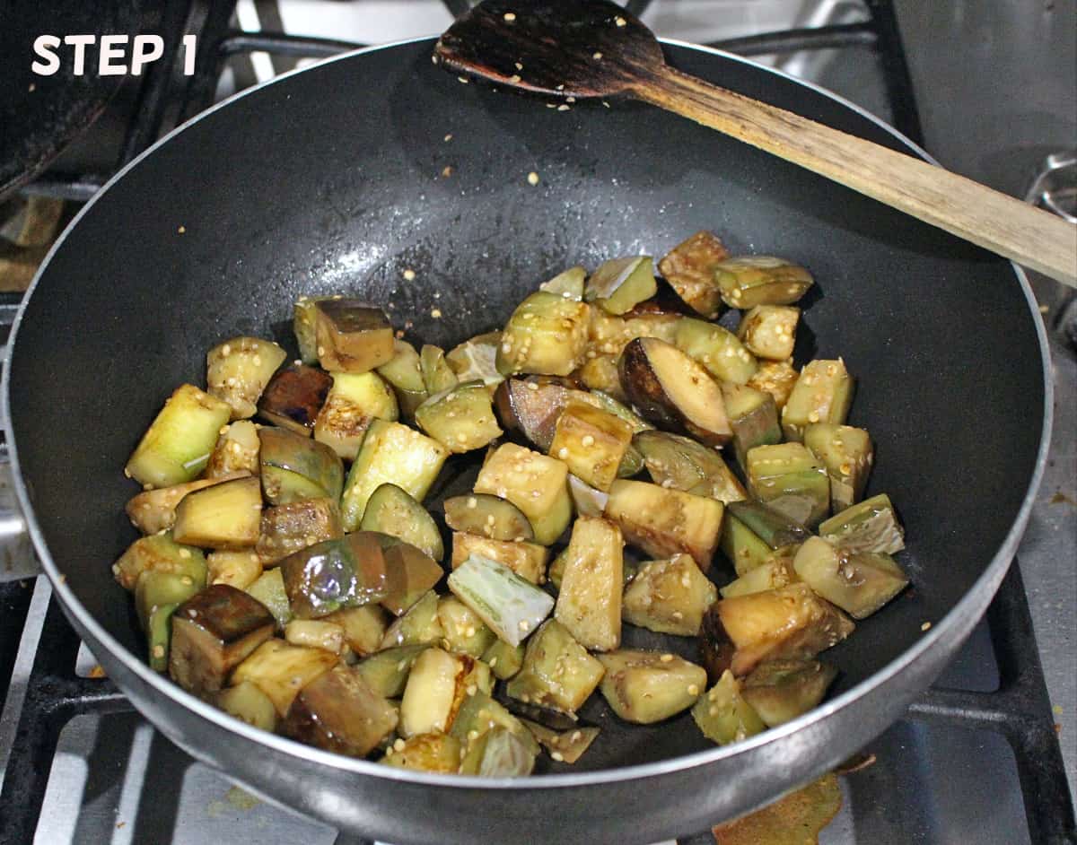 Eggplants frying in a pan