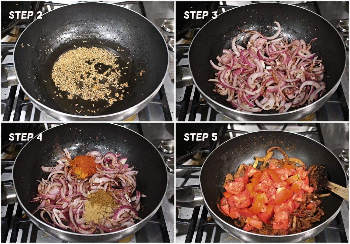 Process shot to make the potato and eggplant curry