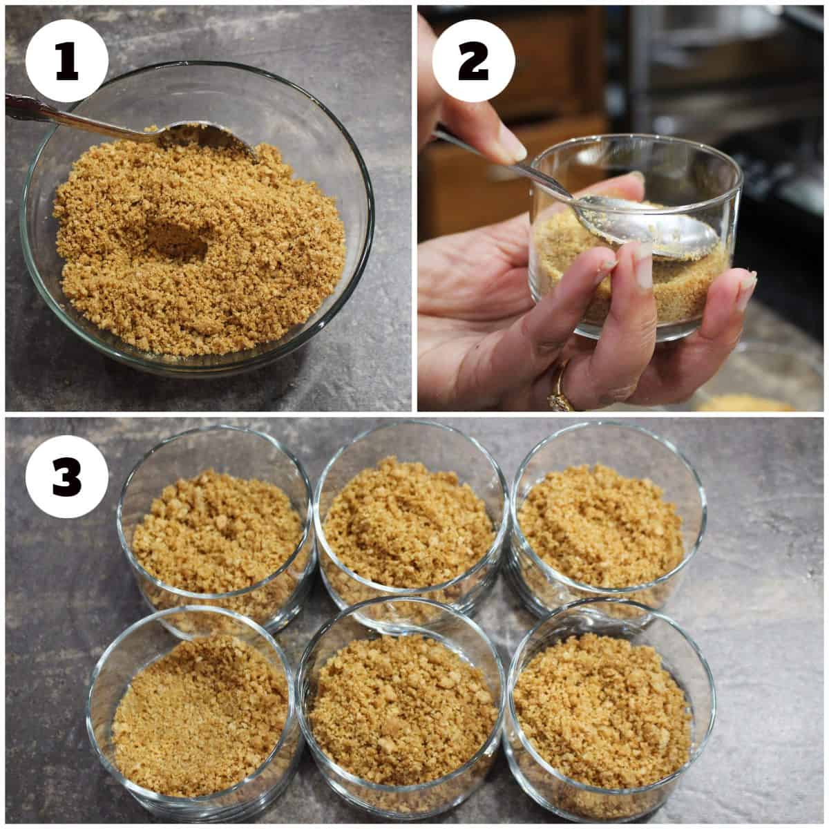 Process shot to layer graham cracker crumbs in individual dessert cups. 