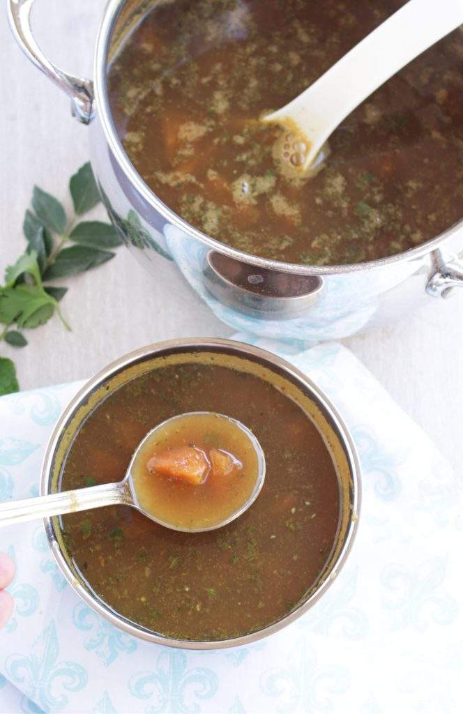 Vegetarian Mulligatawny Soup Recipe in a pot and bowl