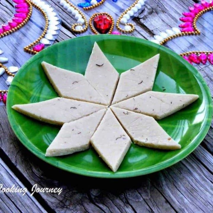 Kaju katli arranged in a green plate - featured image