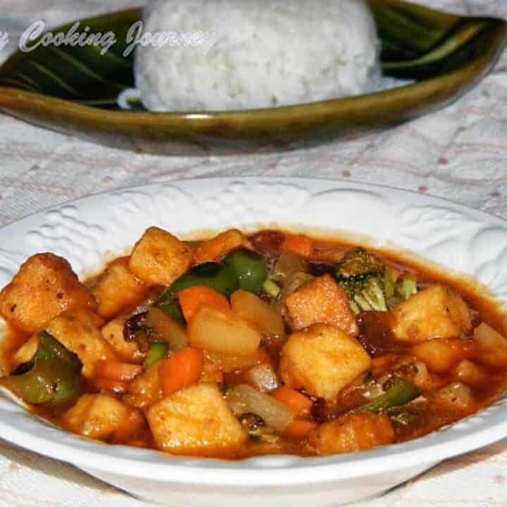 Sweet and Sour Vegetable stir fry in a white bowl - Featured Image.