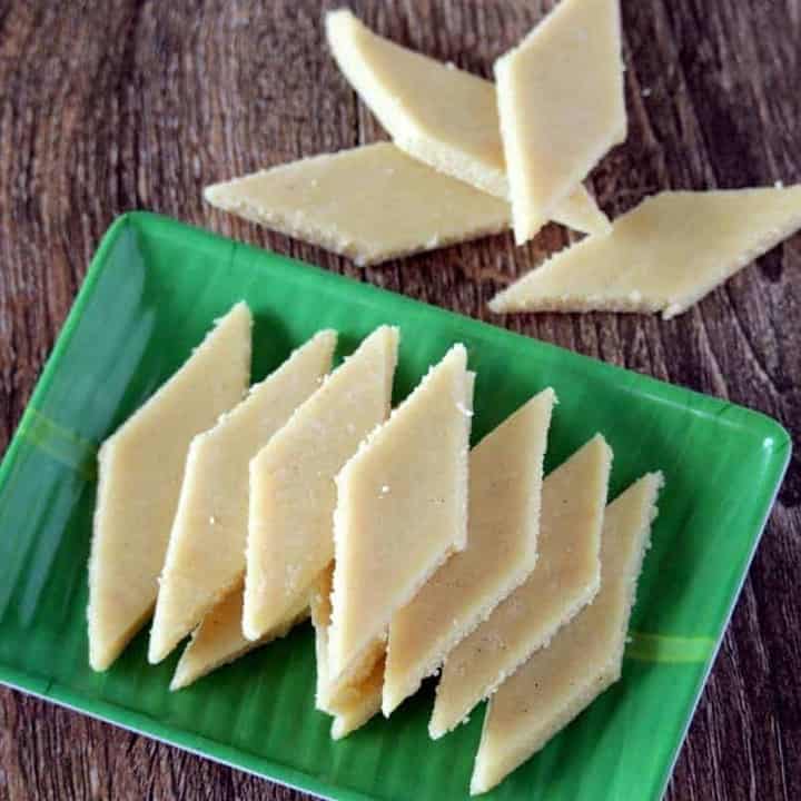 Badam Burfi in a green plate - Featured Image