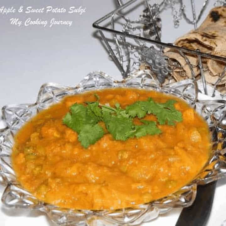 Apple and Sweet Potato Subzi in a glass bowl - Feature Image